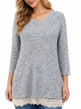 Roz & Ali Heathered Lace Trim V Neck Sweater 3/4 Sleeve Black White M